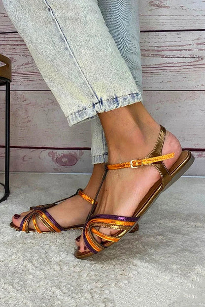 Albaira - Sandalias Doradas con Hebilla y Tira Multicolor