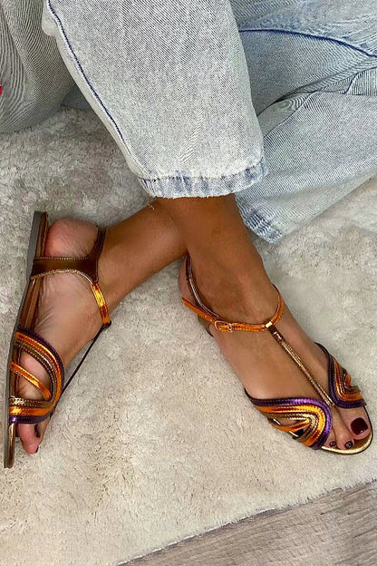 Albaira - Sandalias Doradas con Hebilla y Tira Multicolor