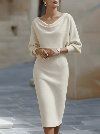 Evania - Vestido Midi Blanco con Drapeado y Mangas Murciélago