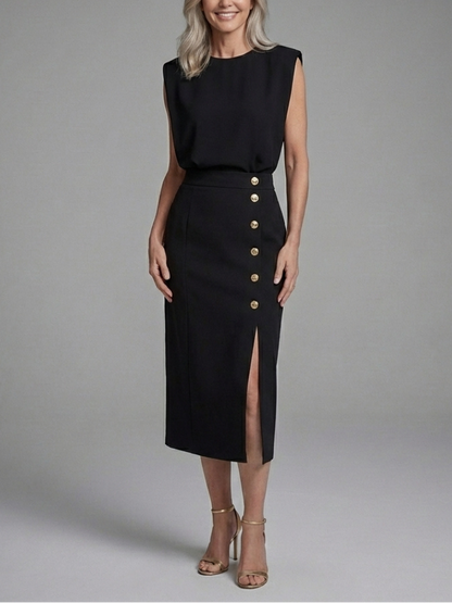 Meridia -  Vestido Midi Asimétrico con Mangas Cortas