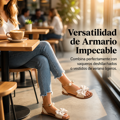 Berta - Sandalias Mujer Planas con lazo Decorativo y Detalles de Perlas
