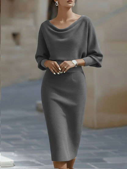 Evania - Vestido Midi Blanco con Drapeado y Mangas Murciélago